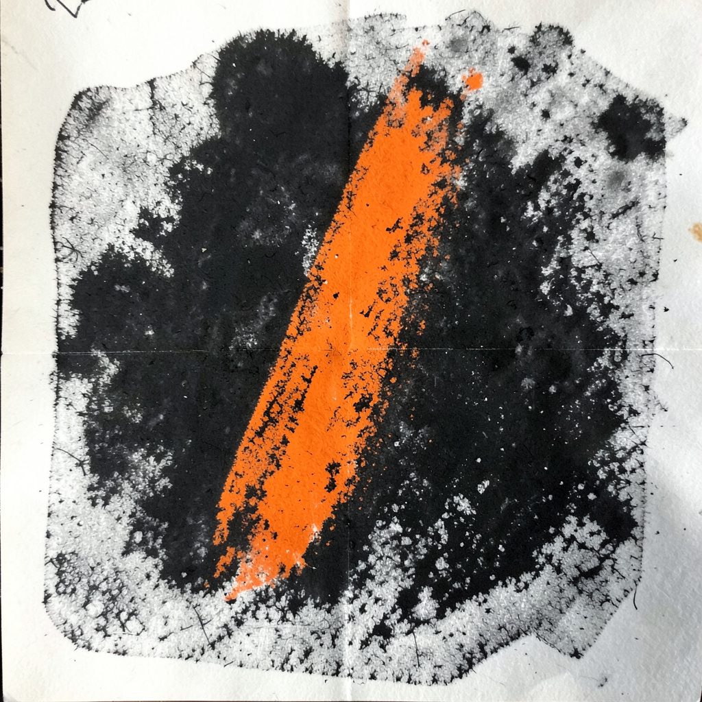 Charcoal drawing of a cassette tape and vinyl record in muted charcoal and slate tones
