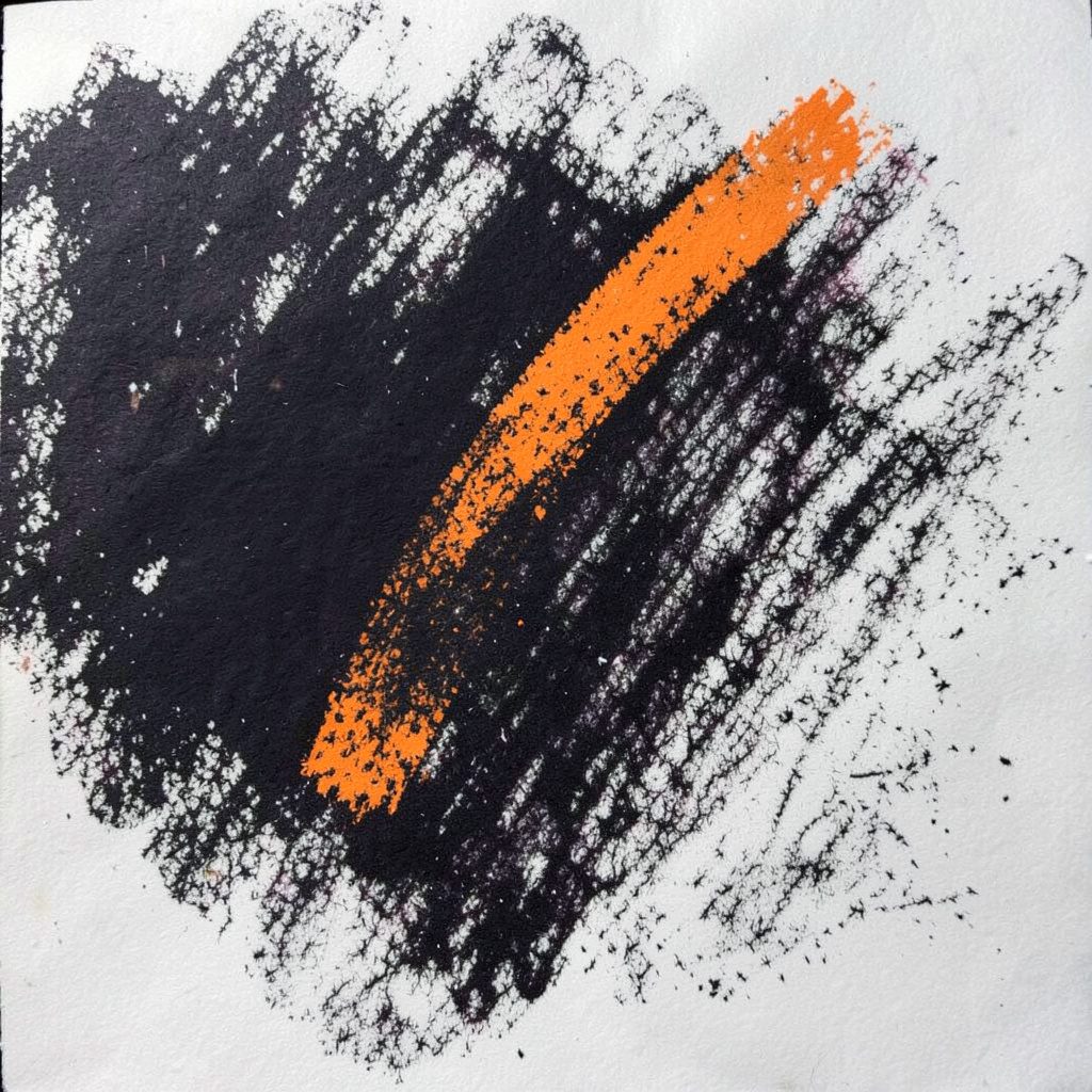 Bold charcoal drawing with deep blue-black abstract textures, moody and immersive