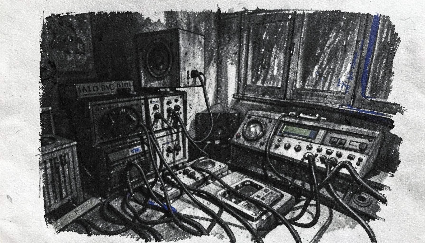 Dark atmospheric charcoal drawing of a dimly lit recording studio corner with tangled cables and vintage audio gear